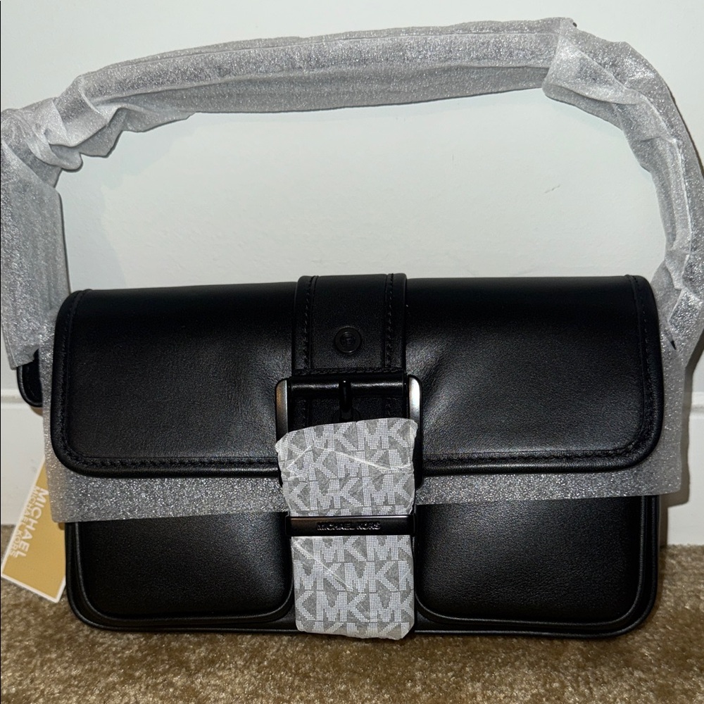 Michael Kors Black Leather Crossbody with Silver Accents